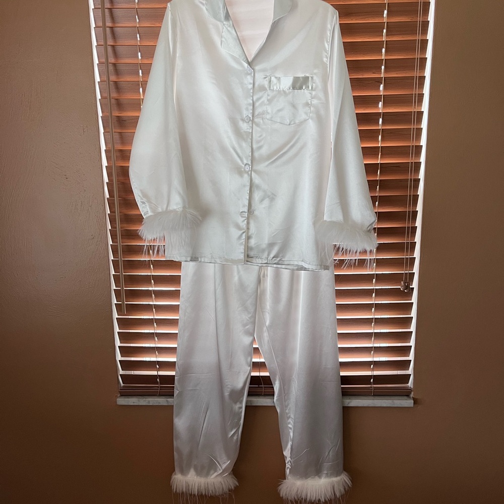 White Satin Pajama Set with Feather Trim